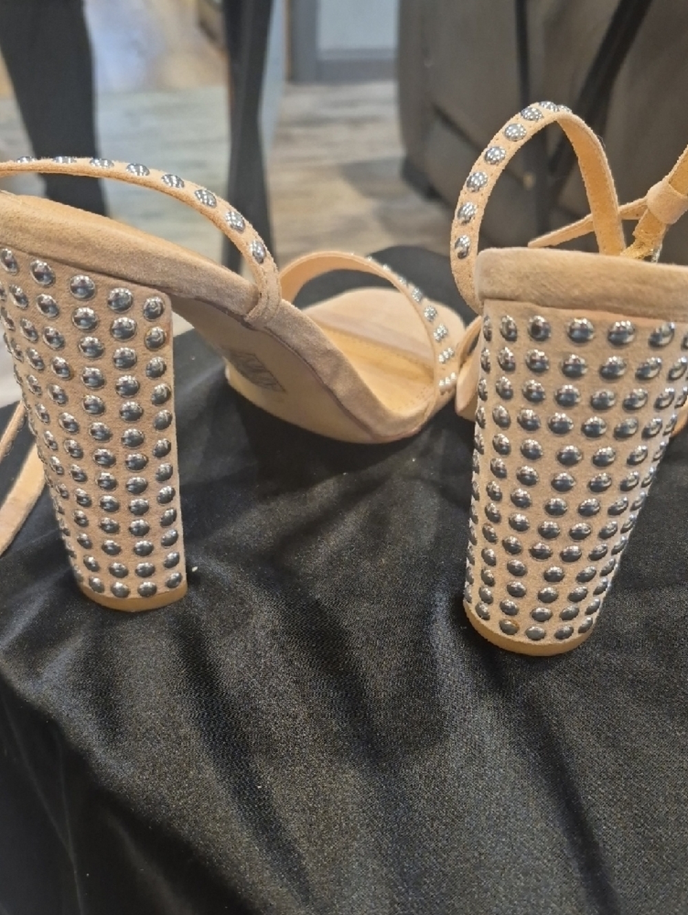 ShuShop Tan Suede Studded Ankle-Strap Heels